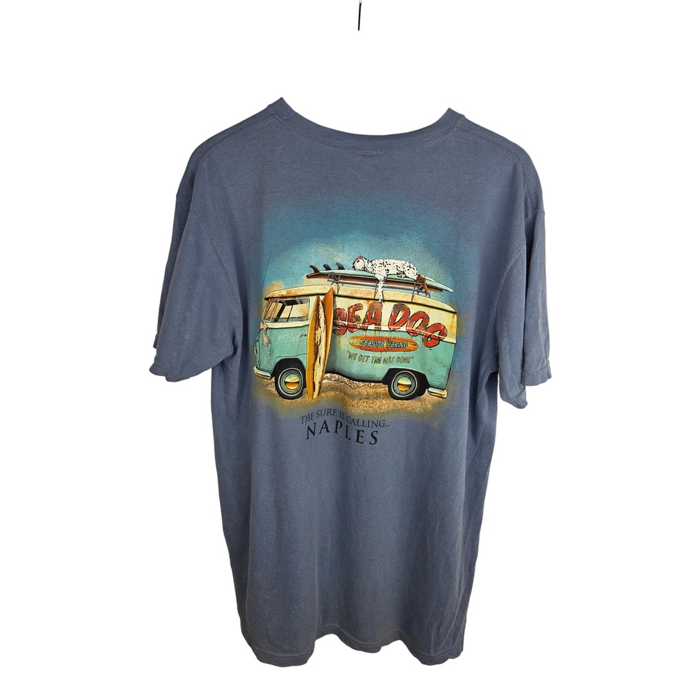 Comfort Colors Sea Dog T-Shirt Large Blue Naples FL Surf Graphic Tee NEW Flaw